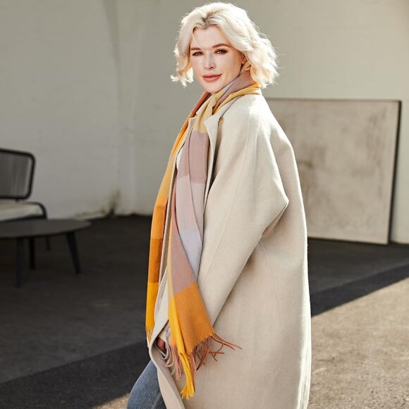 Women Pink-yellow Winter Warm Shawl Wraps Tartan Blanket Oversized Scarves - Picture 2 of 5